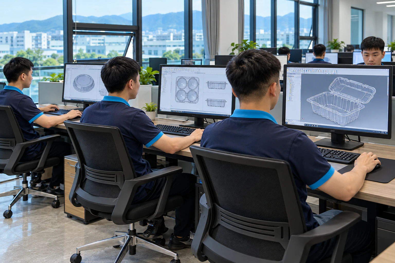 Minh họa kỹ thuật viên thiết kế hộp trái cây, khay táo và nắp cốc trên màn hình CAD