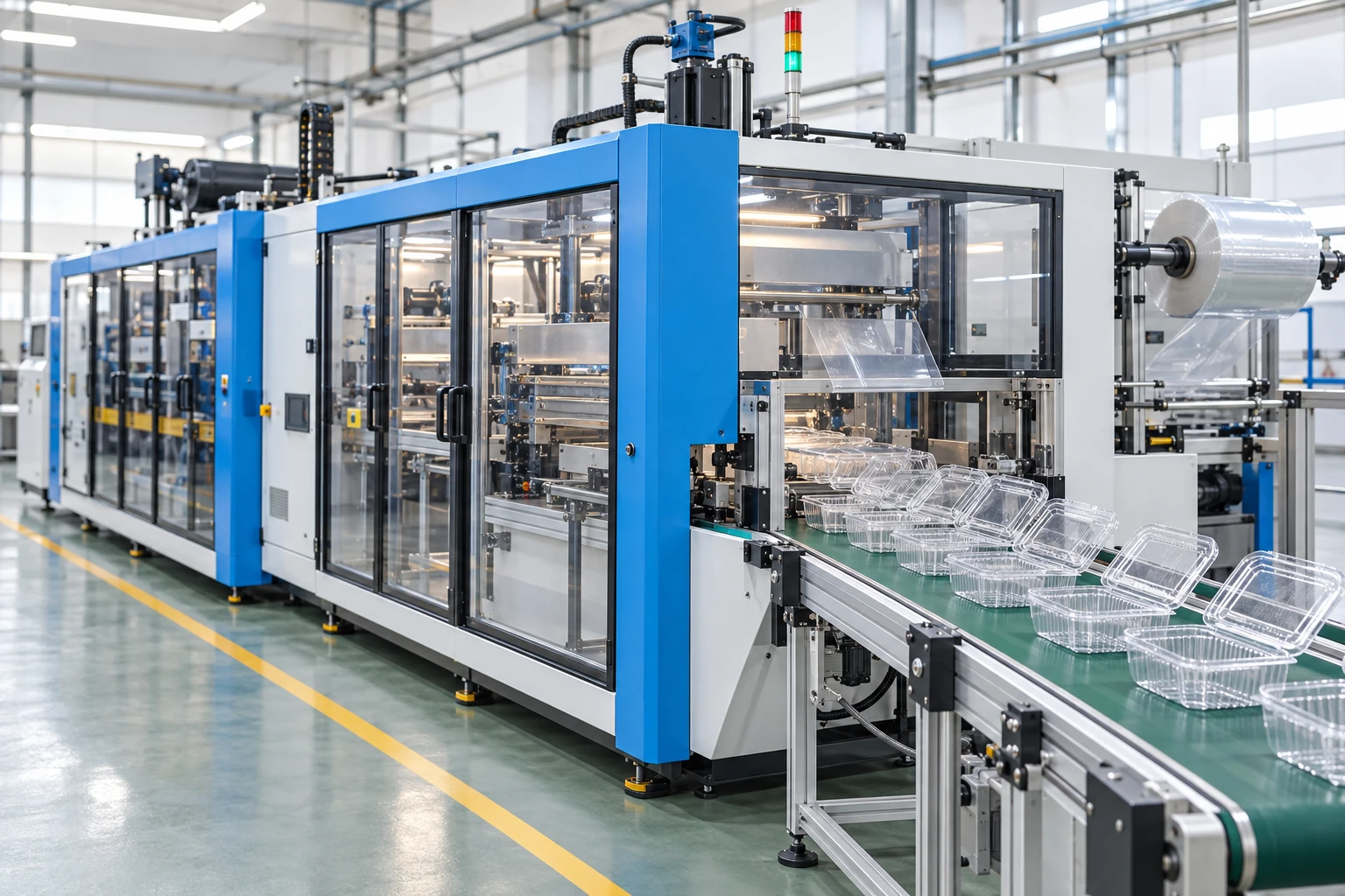 Minh họa dây chuyền hút định hình tạo hộp trái cây trong suốt